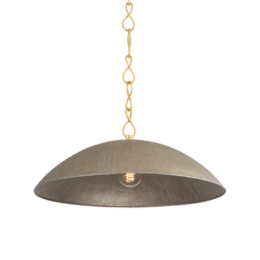 A modern pendant light with a silver textured exterior and gold vintage interior, featuring a sculptural dome shape and a chain of small lights.